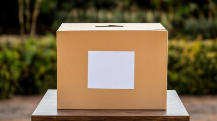 Voting action in a park environment with a brown ballot box on a table emphasizing civic engagement and community participation