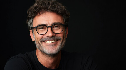 Portrait features a charismatic Italian actor with curly hair and glasses, exuding charm and warmth in a close-up setting