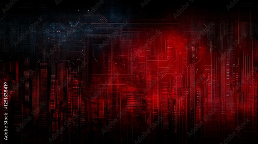 Poster dark red circuit board overlay digital network tech system abstract art design pattern lines.