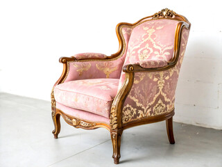 A pink Chesterfield high back wing chair with a black base on white background, throne armchair, generative ai