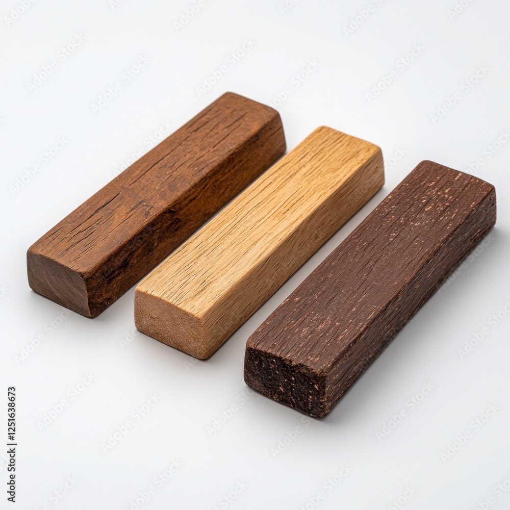 Poster wooden blocks in varied textures and colors displayed on a plain background for craft and design pro