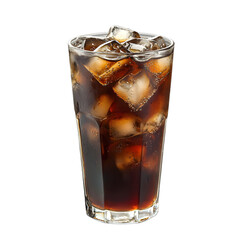 Americano iced coffee in a tall glass with melting ice cubes isolated die cut 