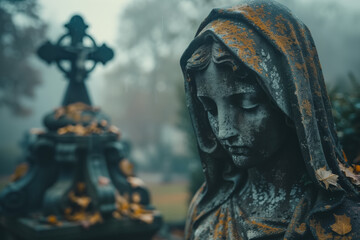 Obraz premium Weathered stone statue of woman with hood in misty cemetery with cross in background