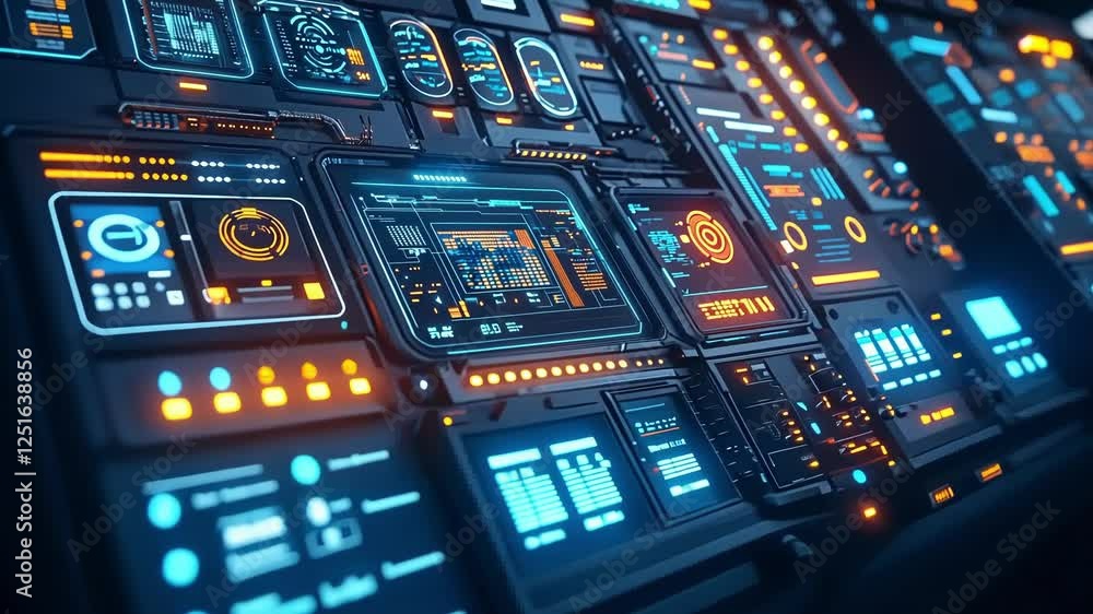 Poster futuristic control panel displaying complex data and information with glowing orange and blue lights