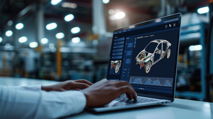 Electric car design software on computer screen showing simulation blueprint brisk by digital calculating application for manufacturing preparation