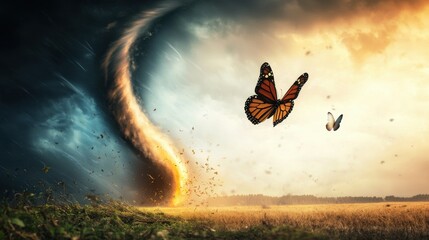 Tornado swirls through open field with butterflies nature scene dynamic atmosphere beautiful contrast surreal environment captivating imagery