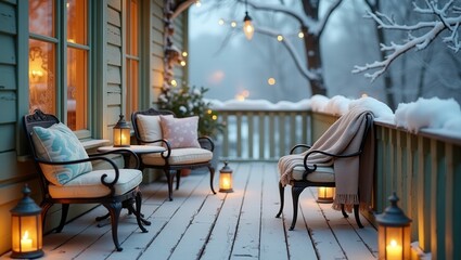 A snowy cozy shabby chic elegant porch with vintage-style furniture, including a loveseat and armchair with floral cushions and pillows. with chandelier decoration