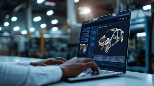 Electric car design software on computer screen showing simulation blueprint brisk by digital calculating application for manufacturing preparation