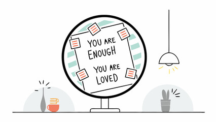 Fototapeta premium Mirror reflects positive affirmations on paper with colorful notes. Minimalist line drawing shows self-care setting. Concept: Mental Health, Personal Development, Life Coaching