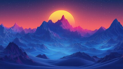 Vibrant cosmic landscape with glowing pink and blue mountains under glowing sun