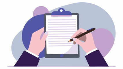 Purple-suited hands carefully fill out paperwork on clipboard. Professional office setting with abstract background provides copy space. Concept: Business Services, HR Solutions, Legal Documentation