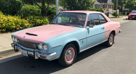 Unique Two Tone Vintage Car on Street with Pink and Blue Paint