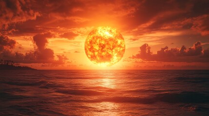 A serene seascape at sunset with a large sun and clouds.