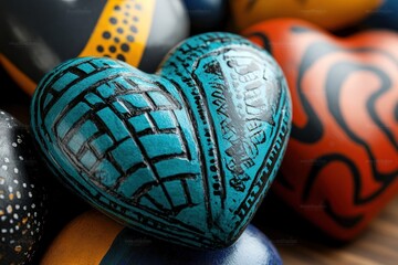 Teal heart, hand-painted, artisan craft, wooden background, Valentine's Day gift