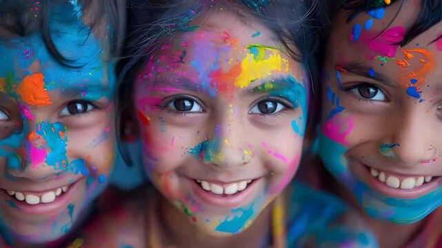 Beautiful Indian children celebrating Holi festival with colorful powder paint on faces. Cultural celebration. Family fun for Diwali, Durga Puja, Hindu New Year