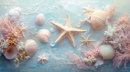 seashells and starfish on the beach.