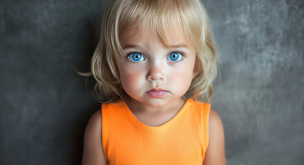 Fototapeta premium A beautiful toddler girl stands facing the camera, showcasing her bright blue eyes and blonde hair in a vibrant orange top