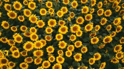 Vibrant sunflower field, bright yellow flowers blooming in dense clusters, perfect for nature themes and joyful designs.