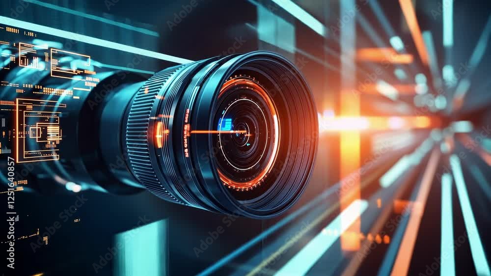 Poster digital camera lens recording futuristic data stream with holographic head up display and neon light