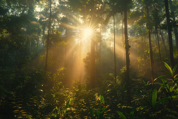 Obraz premium Sunlight filtering through lush tropical forest at dawn