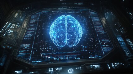 A digital display of a human brain showing neural connections and medical data