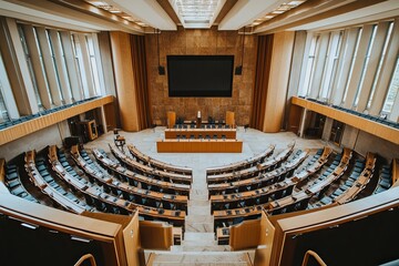Interior views of parliamentary halls and state houses, symbolizing political decision-making spaces. AI generated image