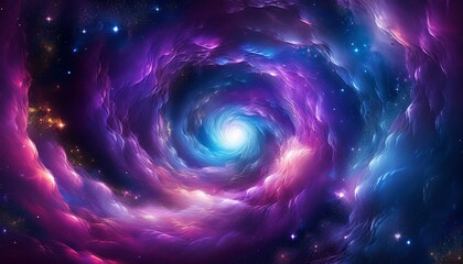 Cosmic Vortex: A mesmerizing swirl of vibrant purple and blue nebula clouds creates a captivating cosmic vortex, leading to a bright central light, evoking a sense of wonder and mystery.