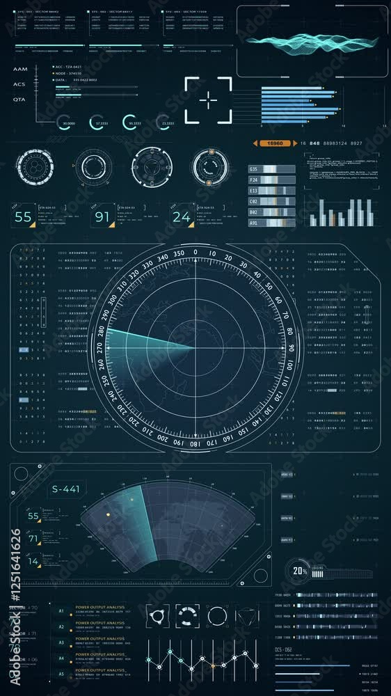 Poster motion graphic of blue color sonar radar screen searching an object with futuristic head up display 