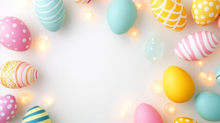Decorated Easter Eggs Arranged With String Lights On A White Surface For Celebration.