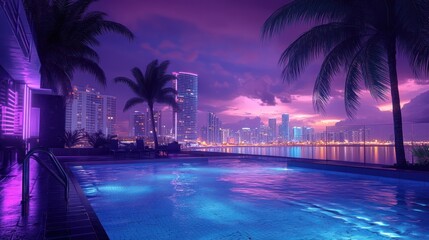 Fototapeta premium Night Poolside Cityscape Tropical luxury villa with pool, illuminated at dusk, overlooking vibrant city skyline