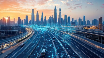 Smart city highway network at sunset, data flow