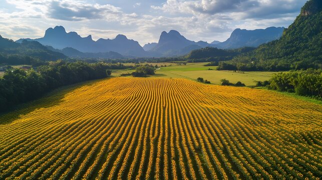 Golden rice fields with mountains in the background, vibrant green and yellow landscape under a cloudy sky, inviting serenity.
