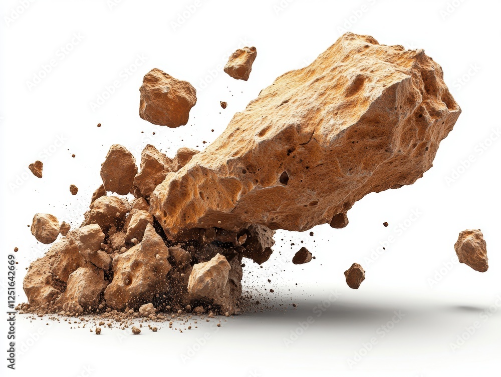 Poster a large rock fragment breaking apart, creating dust and debris.