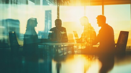 Collaborative team of business professionals working together in modern office setting, double exposure effect, ideal for corporate and teamwork-themed banner designs