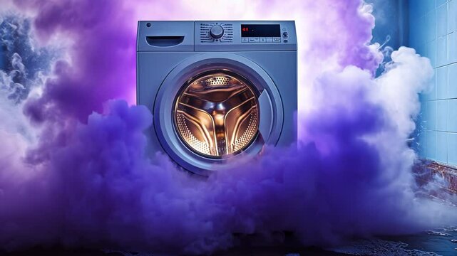 Washing machine surrounded by vibrant purple smoke in a modern laundry room