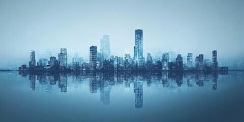 Fototapeta premium Blue toned cityscape reflected in calm water surface creates serenity