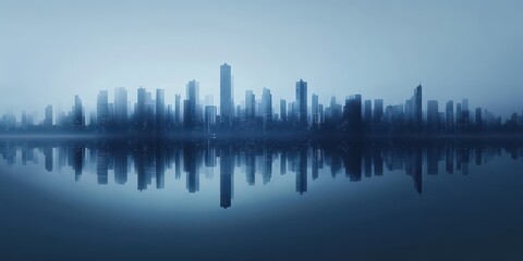 Fototapeta premium Cityscape silhouette reflected in still water with a blue tone