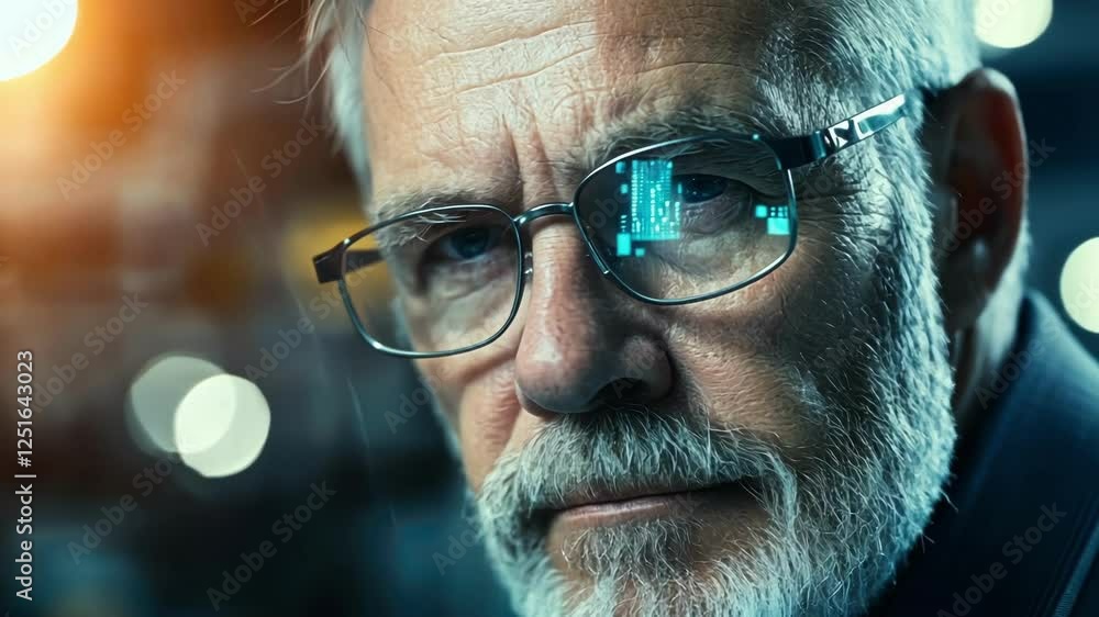 Poster close up of an experienced engineer wearing smart glasses displaying augmented reality data while wo