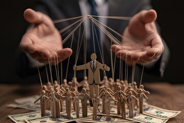 Marionette figures controlled by strings in a symbolic representation of power and manipulation in politics. AI generated image