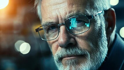 Close up of an experienced engineer wearing smart glasses displaying augmented reality data while working in a modern, high tech factory setting - Powered by Adobe