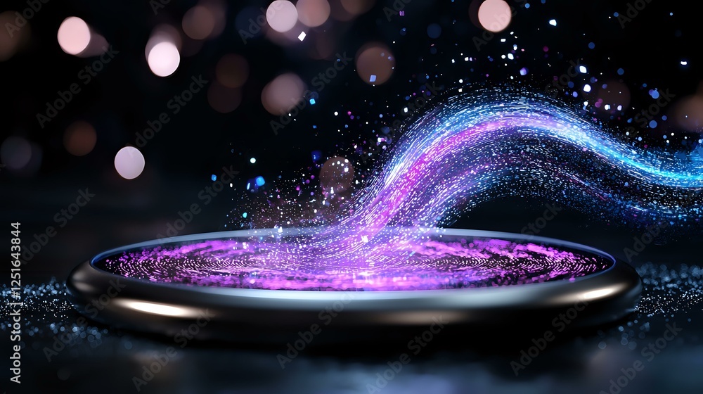 Poster magical glowing swirl of purple and blue light particles floating above dark surface with bokeh effe