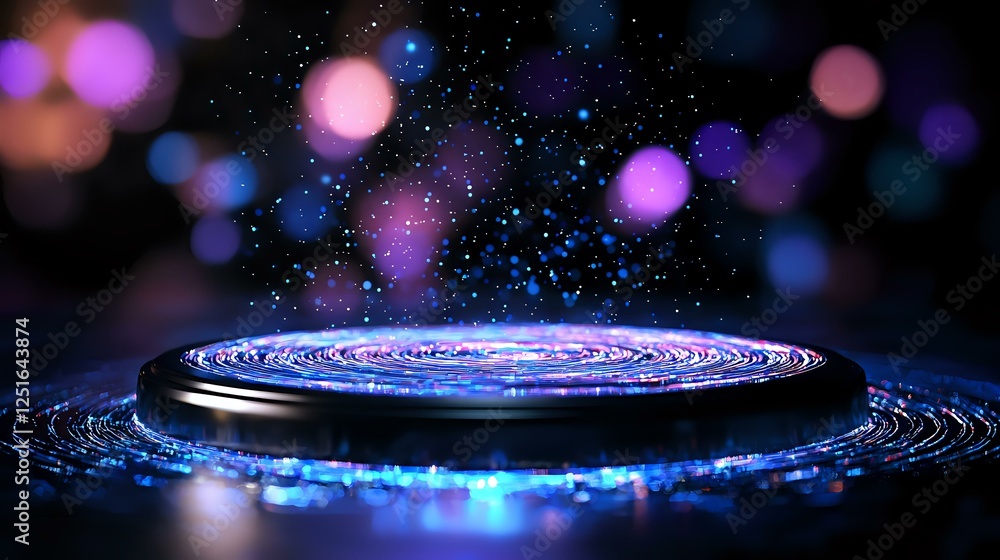 Poster glowing spiral light trails on dark platform with magical bokeh background and sparkles create mysti