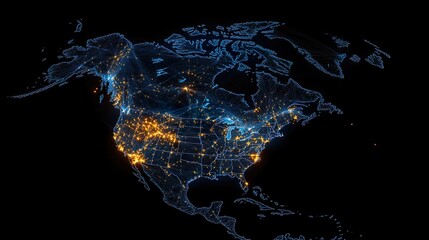 Glowing Printed Circuits Map of North America on Computer Chip: Global Network and Connectivity