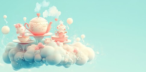 Pastel colored teapot and cute creatures enjoy tea time