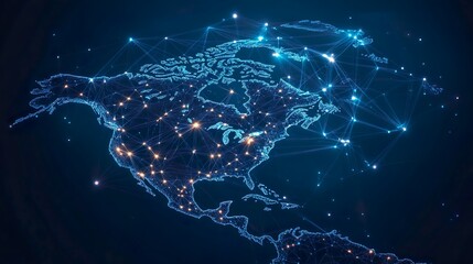 Glowing Printed Circuits Map of North America on Computer Chip: Global Network and Connectivity