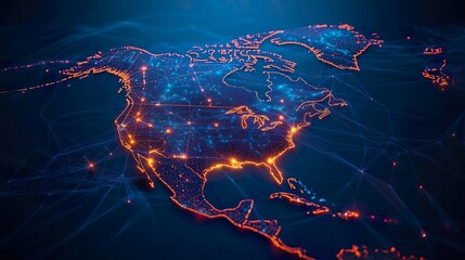 Glowing Printed Circuits Map of North America on Computer Chip: Global Network and Connectivity