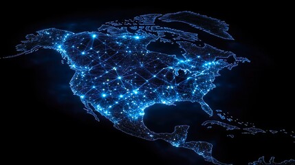 Glowing Printed Circuits Map of North America on Computer Chip: Global Network and Connectivity