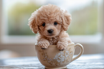 Tiny poodle puppy enjoys a cozy spot sitting inside a delicate teacup against a softly blurred background