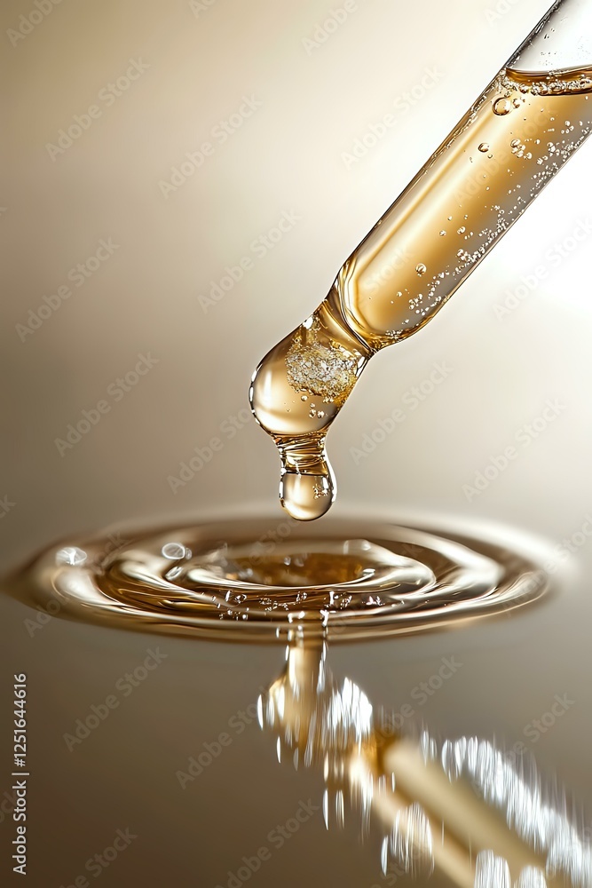 Aufkleber golden liquid drop falling into rippling surface creates concentric circles with reflection and bubb