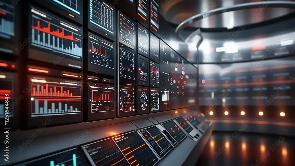 Poster multiple screens displaying various charts, graphs, and data visualizations illuminate a futuristic 